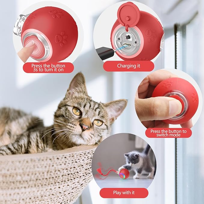 Interactive Cat Toys, Automatic Moving Cat Toys for Bored Indoor Adult Cats, Fast Rolling, Chirping & Motion-Activated Kitty Toys, Fun Gift for Cats with Speedy Tail 2.0, USB Rechargeable (Red)