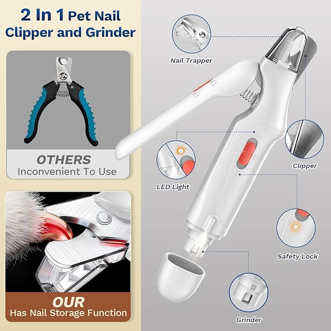 2 in 1 Dog Nail Clippers & Cat Nail Clippers Trimmers for Large Medium Small Dogs Cats Claw Trimmer Quick Sensor and Safety Guard USB Rechargeable Dogs Nail Trimmer with Catcher & 2 LED Lights