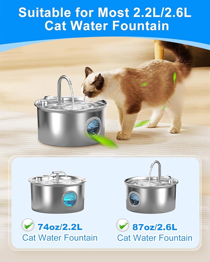 12+12 Pack Water Filter for Cat Fountain Compatible with 2.2L, 2.6L Stainless Steel Cat Fountains - Activated Carbon + Ultra-fine Fiber for Clean Pet Drinking