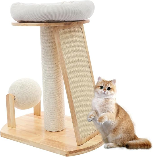 Wood Cat Tree Tower with Scratching Posts, Modern Natural Wood Cute Multifunctional Cat Tree Tower, Cat Scratcher & Resting Platform, Multifunctional Cat Tree for Indoor Cats (01 Style)
