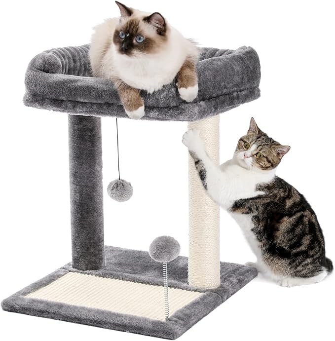 Cat Scratching Post with Soft Perch Nest Sisal-Covered Scratch Posts and Pads, and Cat Ded with Two Plush Balls is Perfect for Playing with Kittens and Cats