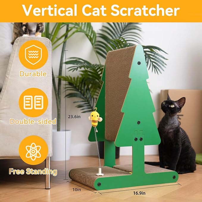 Nekosan Christmas Cat Scratcher, Vertical Cat Scratching Post, Cardboard Cat Scratcher with Ball for Indoor Cats, Large, Tree