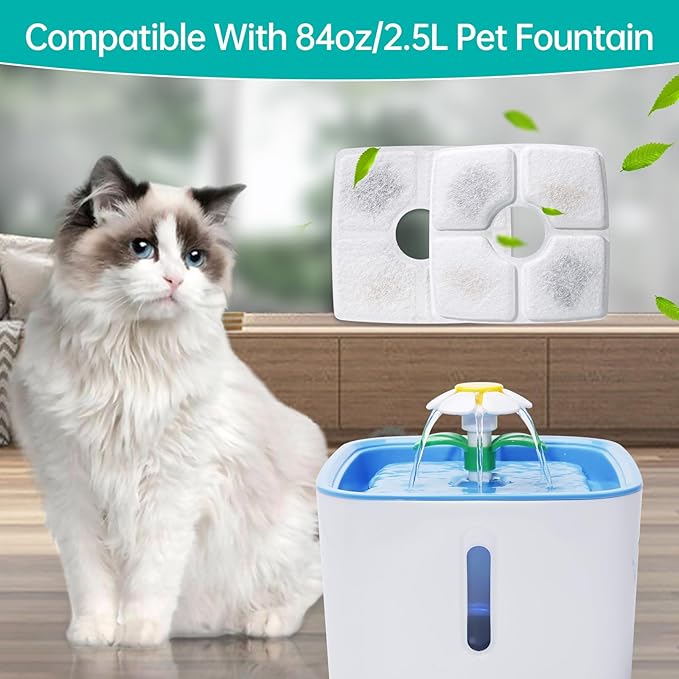 12-Pack Cat Water Fountain Filter Replacement & 12-Pack Pre-Filter Sponges for Square 84oz/2.5L Automatic Cat Fountain Dog Water Dispenser, Triple Filtration System Activated Carbon for Pet Fountain