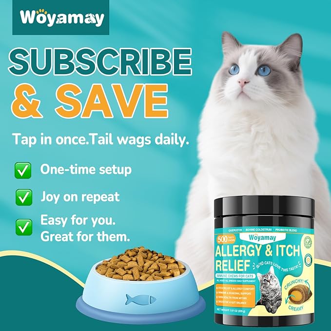 Cat Allergy Relief for Cats, 500 Crunchy & Creamy Anti-Itch and Immunity Chews for Itchy Skin, Paws, Eyes, Ears| Stop Licking & Scratching, Supports Seasonal Itching, Chicken Flavor