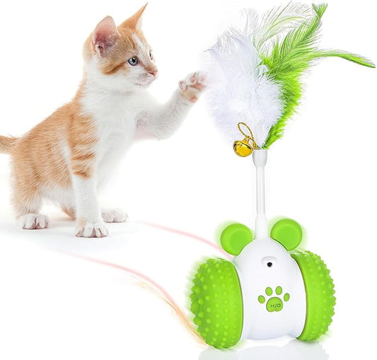Interactive Cat Toy – Automatic Motion-Activated Cat Ball with Feathers & Jingle Bell, 360° Rotating, Rechargeable 2000mAh Battery, LED Light, Night Auto-Off – Ideal for Indoor Cats (Green)