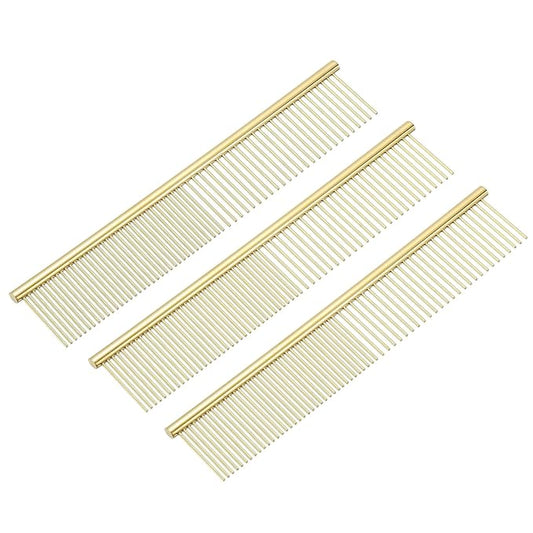 Dog Cat Comb, Pet Combs Stainless Steel Teeth with Rounded Ends for Knots Mats Loose Hair Removal, 7.5IN (Gold Plated, 3 Pack), Grooming Tool Intended for Long Curly Hair Pet