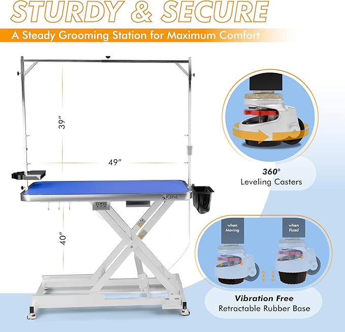 KANIS Professional Electric Dog Grooming Table - Heavy Duty, Height Adjustable Pet Grooming Table w/Leveling Wheels, Grooming Arm, Anti Slip Tabletop & Tool Organizer/Dog Grooming Station (49", WHITE)