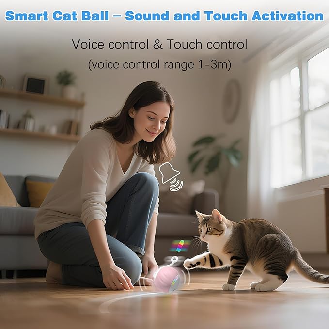 Interactive Cat Toy for Indoor (Sounds&Touch Control) Smart Cat Toys - Automatic Moving Cat Ball Toy - Fast Slow 2Speed with Feathers Tail&Lights for Kittens, Older Cats, Bored Cats, USB Rechargeable