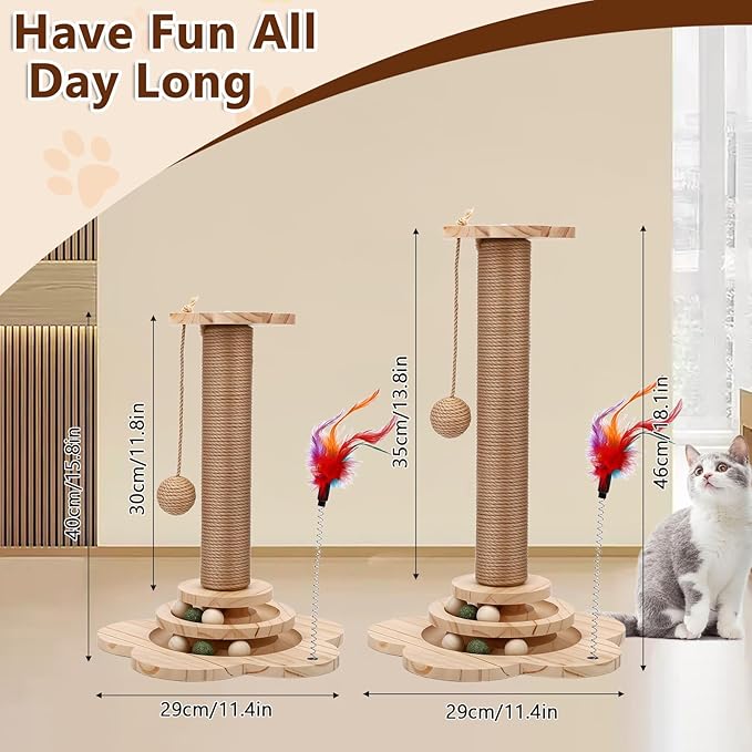 Cat Scratching Post, Cat Tower Scratch Post, Cat Tower with Scratching Post, Wooden Cats Tree with Solid Wood Waterproofing Base Cat Toy and Interactive Ball for Adult Cats & Kittens (Large)