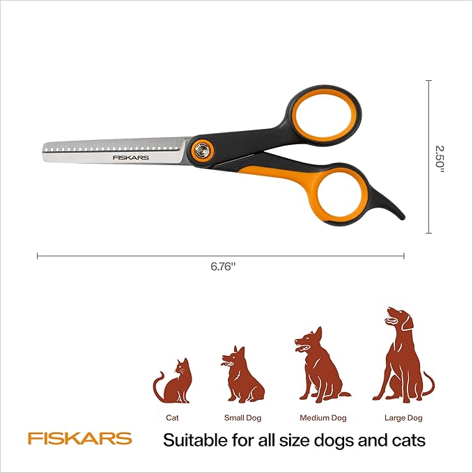 Fiskars Pet Blending Scissors, Dog and Cat Grooming Scissors, Serrated Teeth for Thinning & SoftGrip Handle, Cat and Dog Supplies, 6.5”, Orange/Black