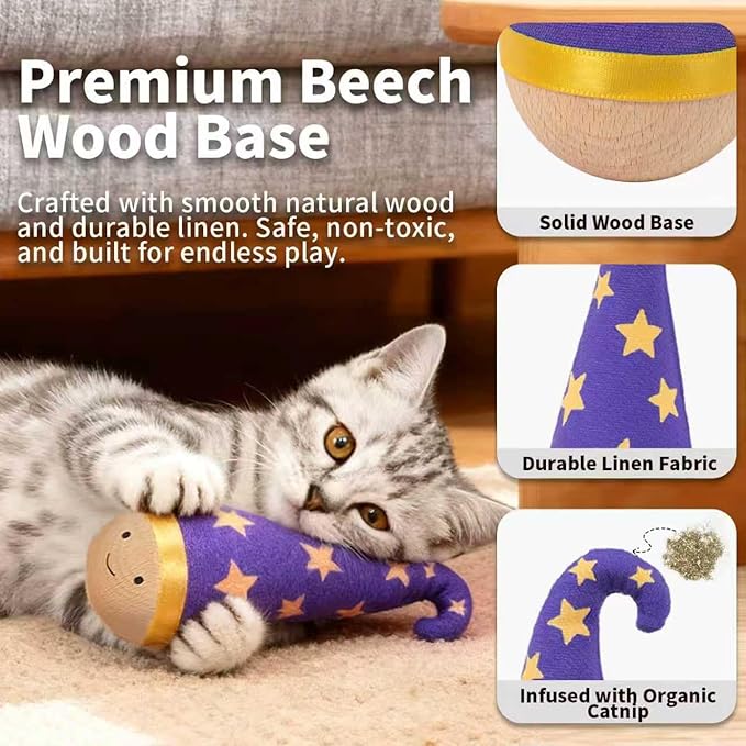 Lulu's world Wooden Interactive Cat Toy with Catnip - Nienie Tumbler Wobble Toy for Indoor Cats, Self-Righting Chaser with Wizard Hat & Stars (Purple)