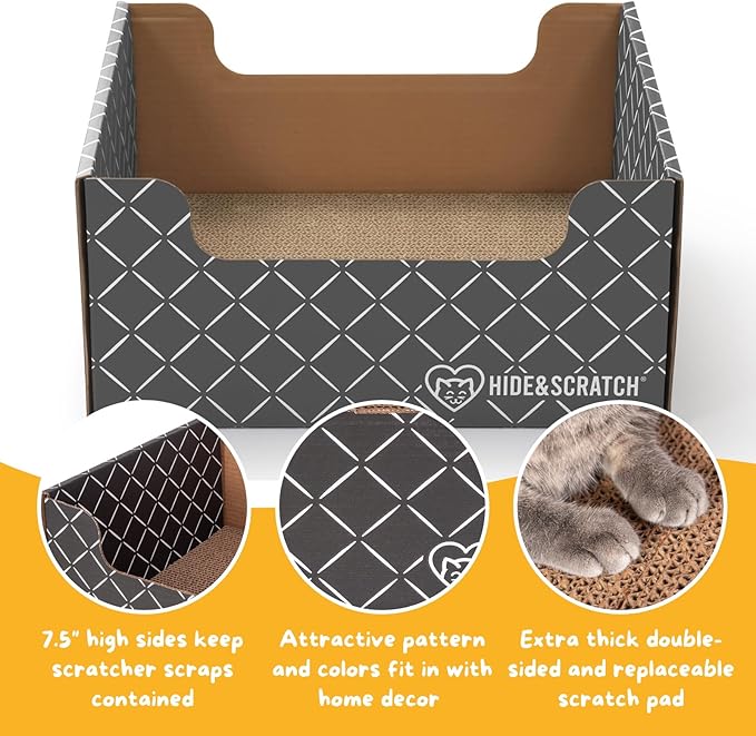 Hide & Scratch Cardboard Cat Scratcher Box & Bed - Dark Grey Diamond (+ 3 Refill Pads) | Double-Sided Corrugated Pad for Indoor Cats | Refillable Scratching Board Toy for Play & Furniture Protection