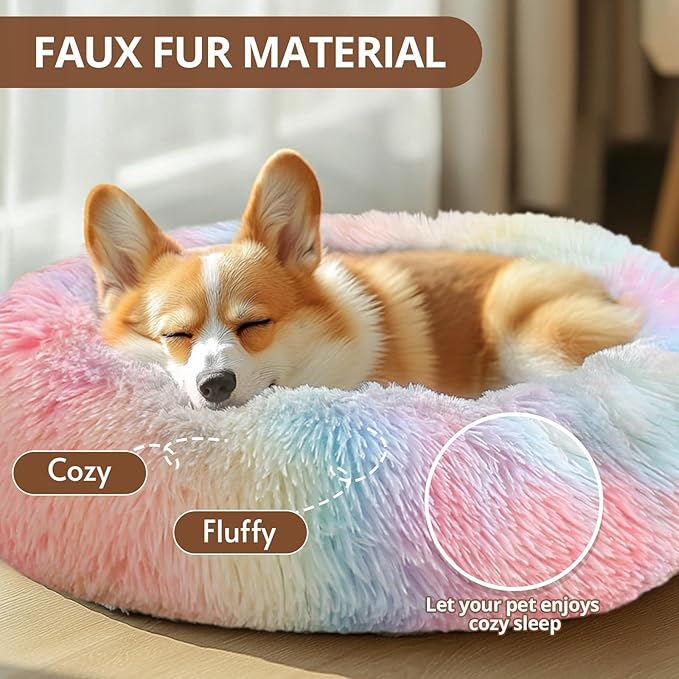 JOLLYVOGUE Calming Dog Bed Medium Size Dog, Anti-Anxiety Donut Medium Pet Bed, 31 inches Fluffy Faux Fur Round Cat Bed, Fits up to 45 lbs Pets (Rainbow)