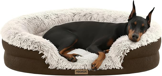 Fluffy Orthopedic Dog Bed for Extra Large Dogs, Calming Plush Sofa Bed with Curved Bolster Support and Egg-Crate Foam Base, 48" Cozy Oval Pet Donut Bed with Washable Cover, Coffee
