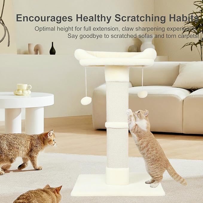 34" Cat Scratching Post for Indoor Cats, Sisal Cat Scratcher with Large Plush Perch, Vertical Posts with Elevated Bed and with Two Dangling Balls, Removable & Washable Cover, Beige White