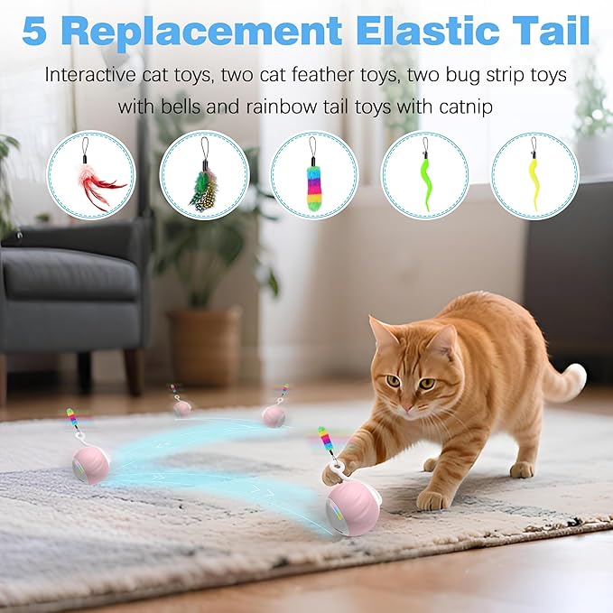 Interactive Cat Toy for Indoor (Sounds&Touch Control) Smart Cat Toys - Automatic Moving Cat Ball Toy - Fast Slow 2Speed with Feathers Tail&Lights for Kittens, Older Cats, Bored Cats, USB Rechargeable
