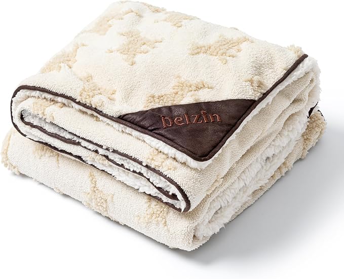 Embossed Sherpa Dog Blankets for Large Dogs - Waterproof Cat Blankets for Indoor Cats - Heavy Duty Couch Cover Protector - Soft Reversible Throw Furniture Protection - Large, Cream