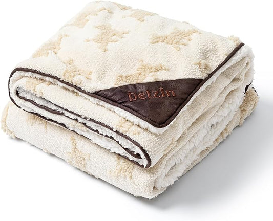 Embossed Sherpa Dog Blankets for Large Dogs - Waterproof Cat Blankets for Indoor Cats - Heavy Duty Couch Cover Protector - Soft Reversible Throw Furniture Protection - Large, Cream