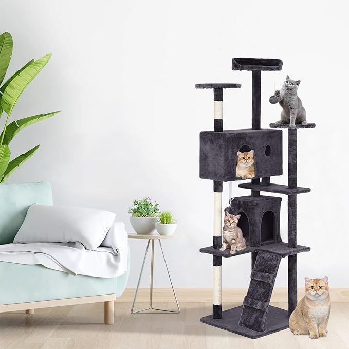 PayLessHere 70in Multi-Level Cat Tower with Scratching Post, Cat Condo Stand House, Indoor Kitty Activity Center with Furry Ball Toys, Ashy