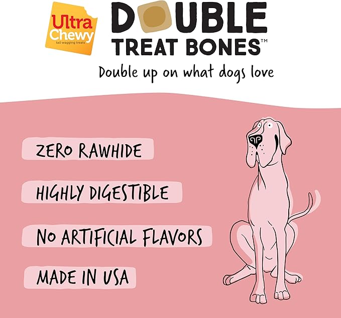 Ultra Chewy Yogurt with Strawberry Double Treat Bones: Long-Lasting Dog Treats Made in USA for Large and Small Breeds, Highly Digestible (24 Count)