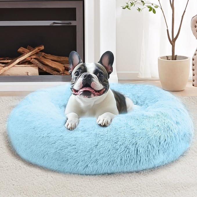 JOLLYVOGUE Calming Dog Bed Medium Size Dog, Anti-Anxiety Donut Medium Pet Bed, 31 inches Fluffy Faux Fur Round Cat Bed, Fits up to 45 lbs Pets (Light Blue)