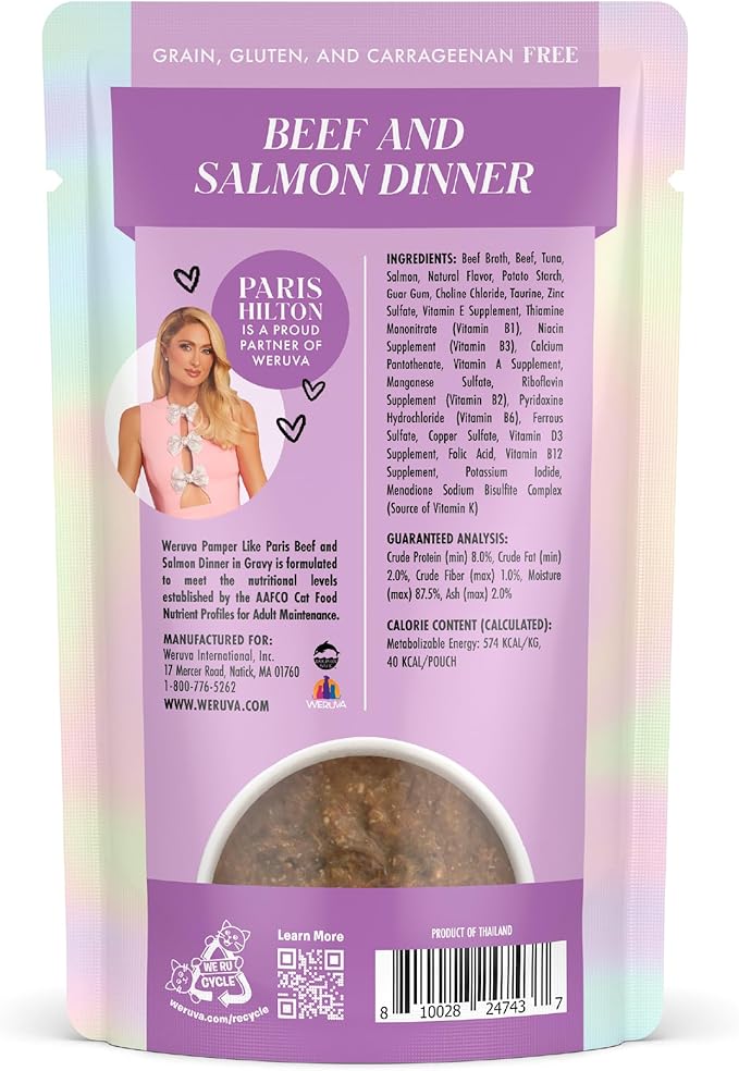 Weruva Paris Hilton Pamper Like Paris Wet Cat Food, Beef and Salmon in Gravy, 2.47oz Pouch, Pack of 12