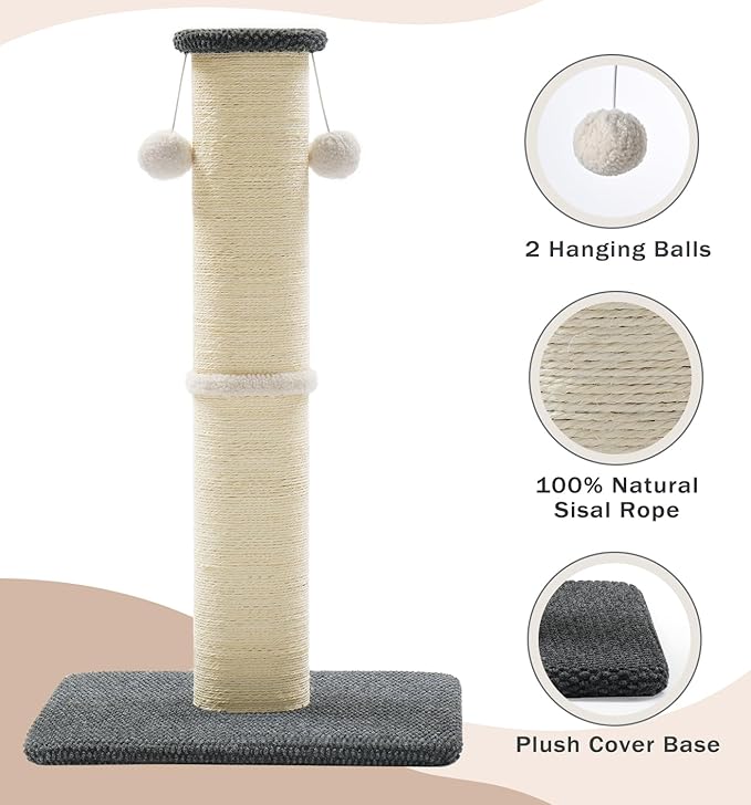 Made4Pets Tall Cat Scratching Post, 33" Natural Sisal Cat Scratcher with Hanging Balls, Heavy Duty and Thicker Scratching Post for Indoor Cats Adults, Sturdy Base Cat Scratch Post, Dark Grey
