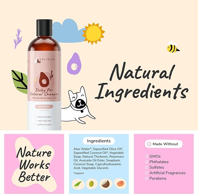 kin+kind Organic Dog Shampoo Itchy Skin Relief – Natural Dog Shampoo for Dry, Sensitive Skin – Moisturizing Formula with Coconut Oil, Olive Oil & Avocado Oil – Grooming Supplies – Made in USA 12 fl oz