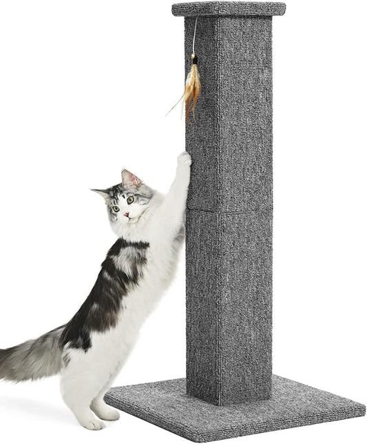 Made4Pets Cat Scratching Post, 32 Inch Carpet Covered Cat Scratcher with Kitten Toy, Tall Scratching Post for Indoor Cats Adults and Kittens, Grey