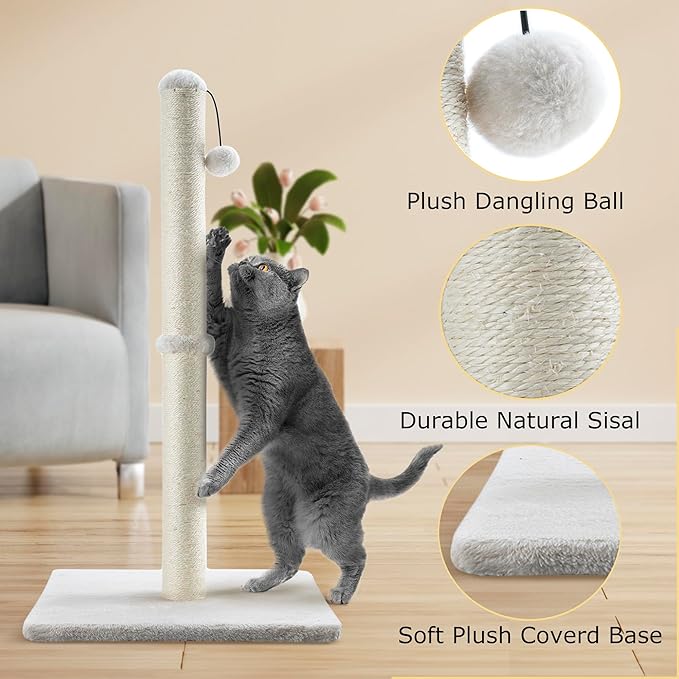Dimaka 34" Height Tall Cat Scratching Post, Claw Scratcher with Sisal Rope and Covered with Soft Smooth Plush, Vertical Scratch [Full Strectch] Cats (Beige, 34 inches for Large Cats)