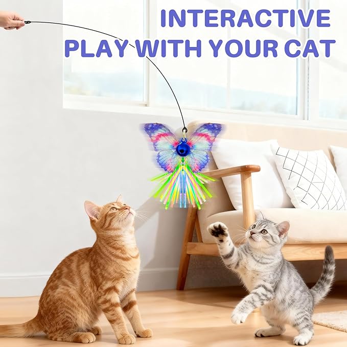 Walfront Interactive Cat Wand Toy with Butterfly Attachments, 3-Pack Cat Teaser Wands with Stable Base, Hands-Free Self-Play Indoor Exercise Toy for Kittens & Adult Cats