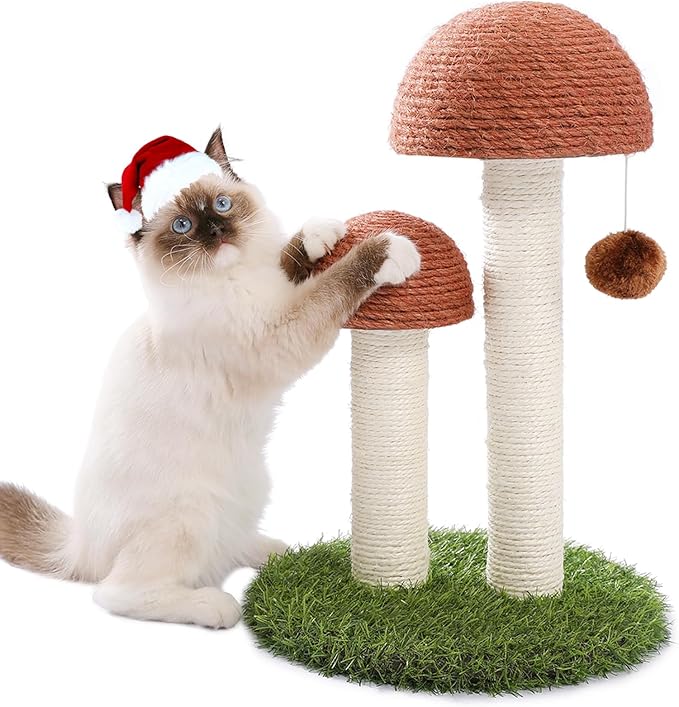 PETEPELA Cat Scratching Post, Mushroom Tall Cat Scratcher Featuring with Natural Sisal Scratching Poles and Interactive Toy Ball for Kittens and Small Cats (Brown)