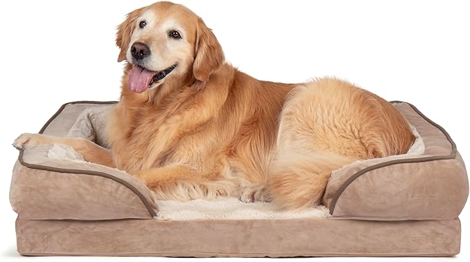 Furhaven Cooling Gel Dog Bed for Large/Medium Dogs w/ Removable Bolsters & Washable Cover, For Dogs Up to 55 lbs - Plush & Velvet Waves Perfect Comfort Sofa - Brownstone, Large