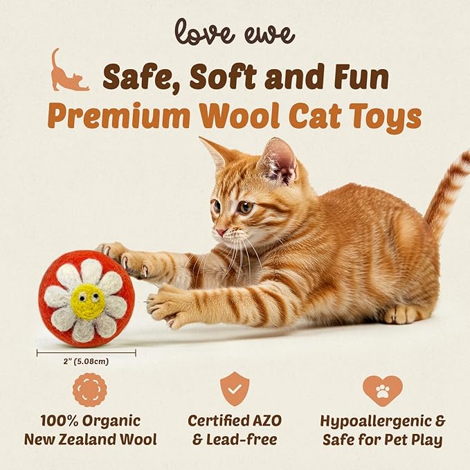 Hustle & Blush Love Ewe Felted Cat Toys 3 Pack - 2 Inch Flower & Bee Hand Made Cute & Fun Design Kitten Wool Felt Balls for Indoor Play & Exercise - 100% New Zealand Handmade - Holiday Pet