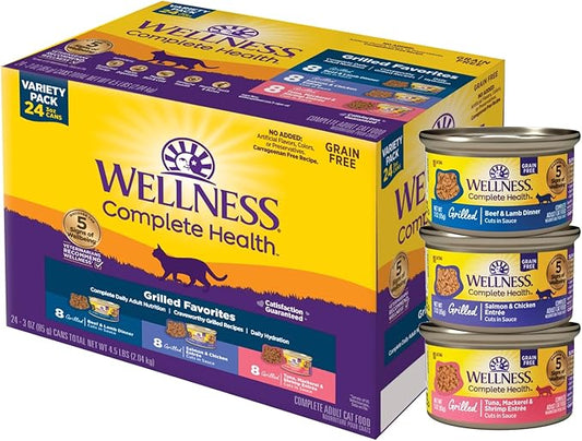 Wellness Complete Health Grilled, Adult Wet Cat Food, Natural, Protein-Rich, Grain-Free, 3 Ounce, 24 Pack, (Grilled Favorites Variety Pack)