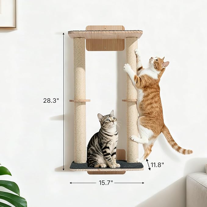 Veehoo Wall Mounted Cat Scratcher, 28.3" Cat Wall Scratcher with Dual Sisal Scratching Posts and Large Carpeted Perch, Corner Climbing Pole for Indoor Cats