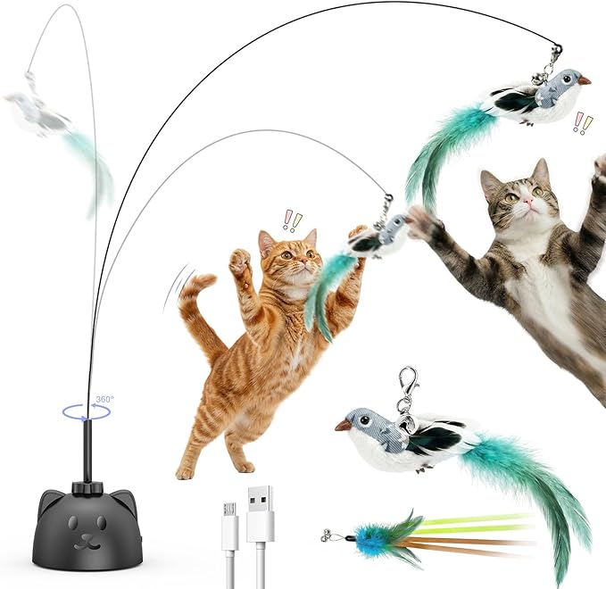 Interactive Cat Toys for Indoor Cats - Automatic Flying Bird Feather Toy, USB Rechargeable Electric Cat Teaser with Strong Suction Base, Smart Motion Activated Self-Play Enrichment Toy for Bored Cats