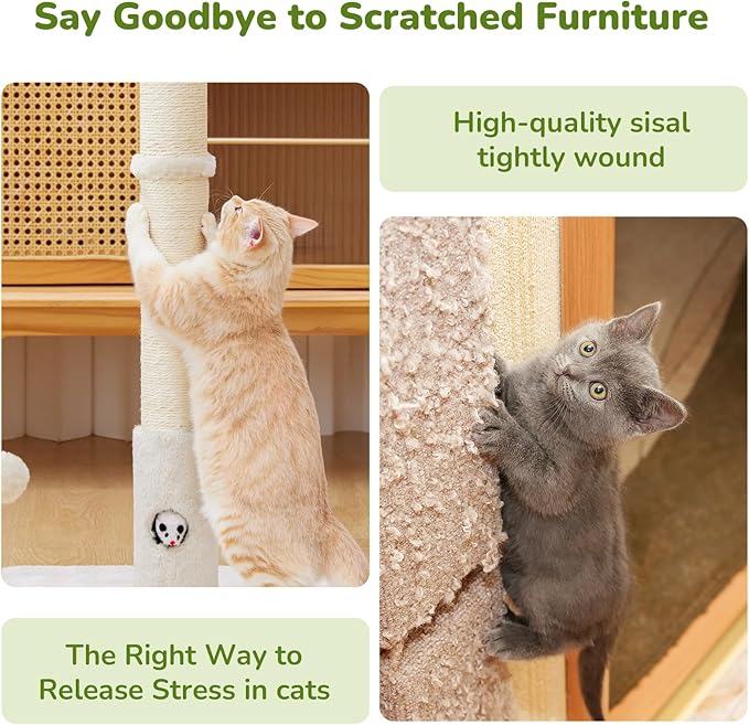 Cat Scratching Posts 33" for Adults Cats, Cat Scratcher with Soft Fabric Covering Base and Durable Sisal Rope, Scratcher with Fun Mouse Hole and Cat Toy for Tall Cats (White)