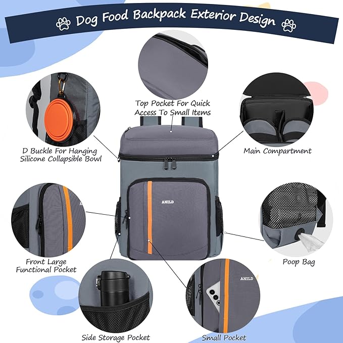 ANILD Dog Travel Backpack - Airline Approved Double-layer Pet Travel Bag Accessories with 2 Food Storage Bag and 2 Foldable Silicone Bowls for Hiking & Camping