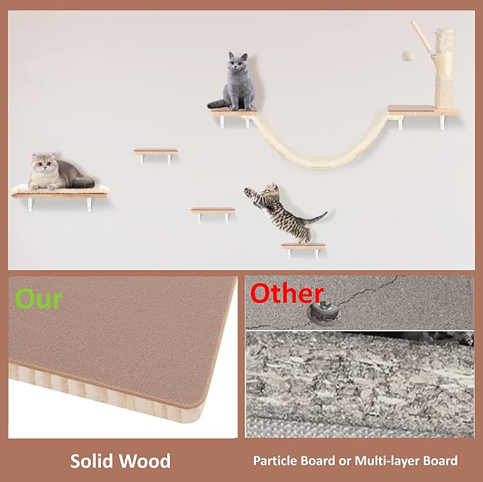 Wall Mounted Cat Climber Set, Cat Wall Shelves,with Hammock,Jumping Boards,Sofa,Steps,Scratching Post,Hanging Ball and Felt Pads, Suit for Cats Climb, Jump,Scratch-Beige