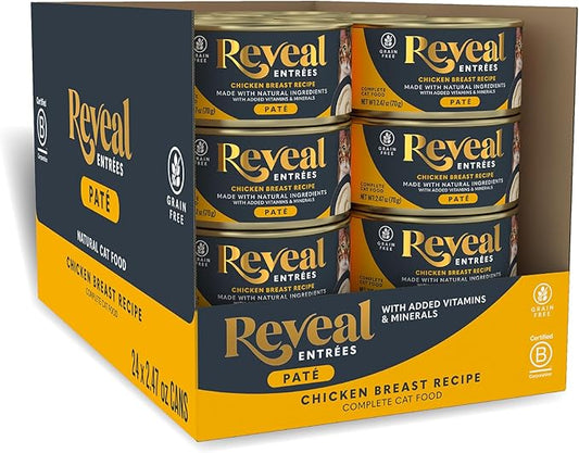Reveal Entrées Natural Wet Cat Food Paté, Grain-Free with Added Vitamins & Minerals, Carrageenan-Free and High Protein, Chicken Breast Paté Recipe (24 x 2.47 oz Cans)