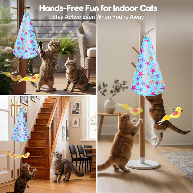 Interactive Cat Toys for Indoor Cats: 2 in 1 Automatic Hide and Seek Flying Bird Feather Wand Chirping Toy, Door Knob Moving Mouse Hunting Toys, Rechargeable Toys for Bored Kitten Adult Cats (Blue)