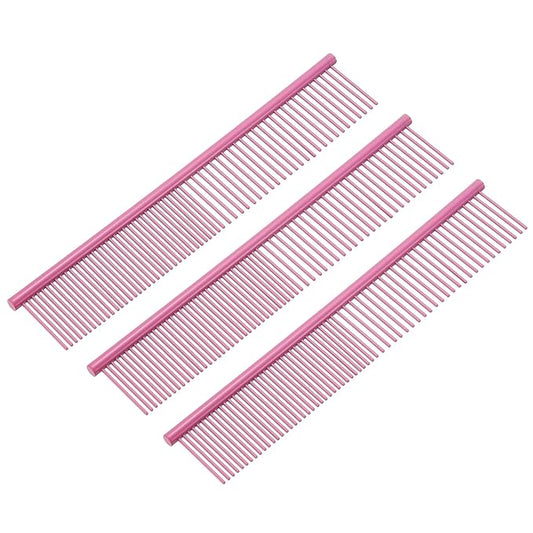 Dog Cat Comb, Pet Combs Stainless Steel Teeth with Rounded Ends for Knots Mats Loose Hair Removal, 7.5IN (Pink Coated, 3 Pack), Grooming Tool Intended for Long Curly Hair Pet