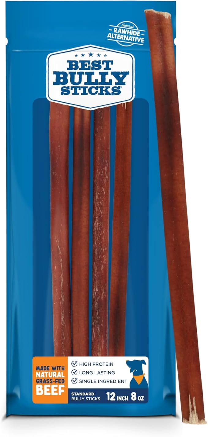 Best Bully Sticks 12 Inch Bully Sticks - 8 oz (Pack of 1) - Natural Grass-Fed, Grain and Rawhide Free, Perfect for Medium or Large Canines