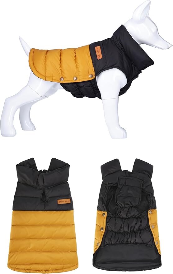 SPACE LION Dog Puffer Jacket, Down Winter Coat, Durable Outdoor Coat for Cold and Windy Conditions, Lightweight & Adjustable Fit Coats for Large Dogs, (BlackKhaki, Size28/4XL)