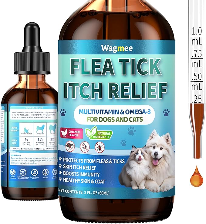 Flea and Tick Prevention for Dog and Cat, Natural Oral Flea & Tick Itch Relief Support Drops with Multivitamin for Pets - Supports Healthy Skin & Coat - Oral Supplement for All Breeds & Ages - Chicken