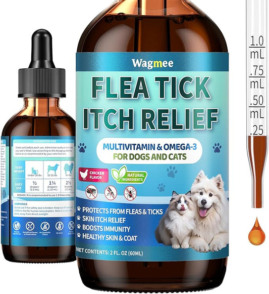Flea and Tick Prevention for Dog and Cat, Natural Oral Flea & Tick Itch Relief Support Drops with Multivitamin for Pets - Supports Healthy Skin & Coat - Oral Supplement for All Breeds & Ages - Chicken