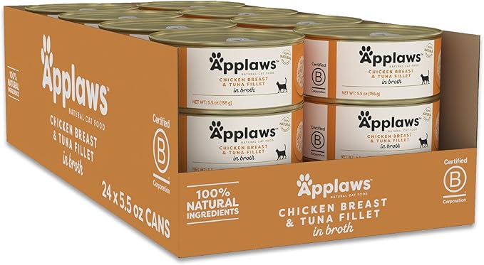 Applaws Natural Wet Canned Cat Food, Limited and Natural Ingredients, High Protein with No Artificial Additives, Chicken Breast & Tuna Fillet in Broth (24 x 5.5oz Cans)