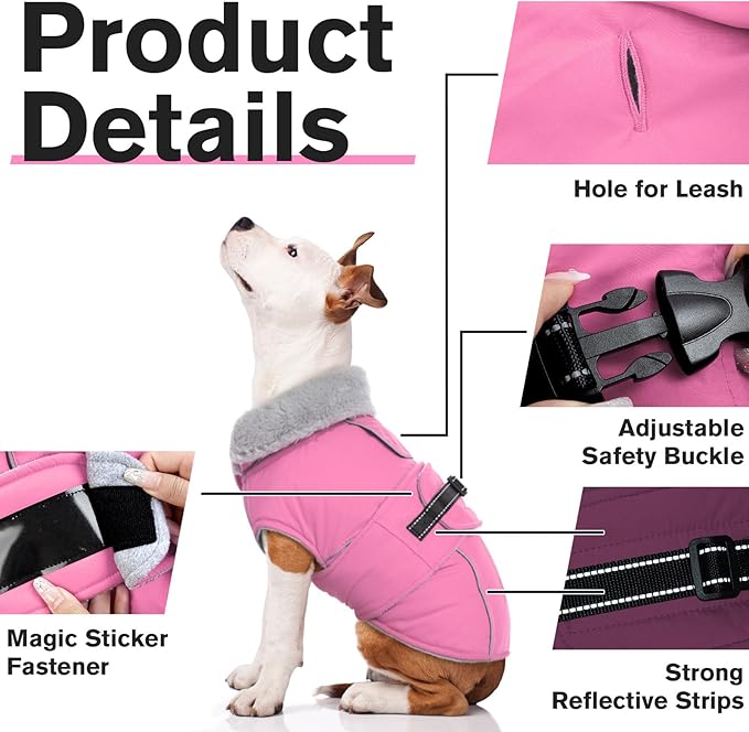 Lelepet Warm Dog Coats for Small Dogs Waterproof Dog Winter Jacket Reflective Pet Fleece Vest Windproof Cold Weather Coats with Adjustable Buckle & Leash Hole, Pink, S
