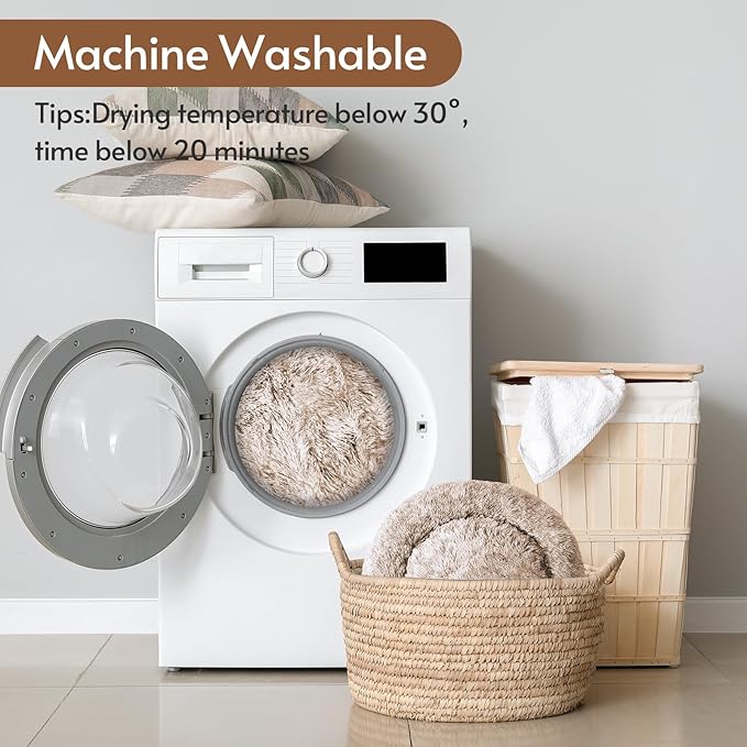 JOLLYVOGUE Calming Dog Bed Medium Size Dog, Anti-Anxiety Donut Medium Pet Bed, 27 inches Fluffy Faux Fur Round Cat Bed (Cream Brown)